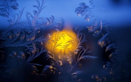 Winter glass - glass, winter, frozen, window, yellow, blue, light, texture, ice