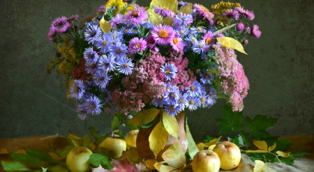 Still Life - flowers, vase, fruits, bouquet, leaves