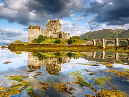 Donan Castle - lake, reflection, clouds, river, bridge, castle, nature