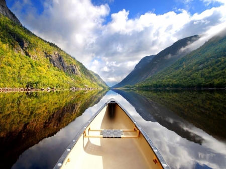 River Canoe,New Zealand - clouds, river, nature, boat, mountains, reflection, canoe