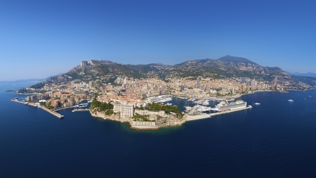 birds eye panorama over monaco - aerial, marina, panorama, sea, city, mountain