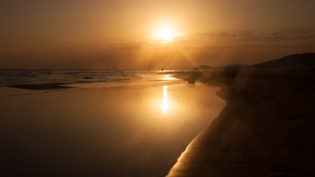 golden beach on cyprus - sunset, person, rays, beach, waves, sea, golden