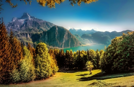 Landscape with mountain and lake - trees, beautiful, landscape, grass, mountain, fall, autumn, view, lake, sky