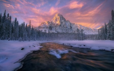 Banff National Park, Alberta - sky, lake, mountains, clouds, canada, sunset, snow