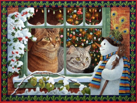 Wonderment of Winter to Cats - Window, christmas, snowman, christmas tree, Cats, cute, snow, Painting