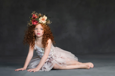 Girl - grey, redhead, meg bitton, girl, copil, flower, child