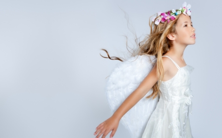 Angel - white, meg bitton, girl, angel, wings, child, copil, flower