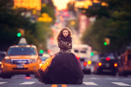 Girl - street, child, purple, copil, yellow, girl, dress, light, meg bitton, cars