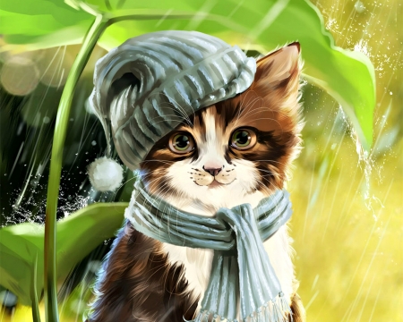 Rainy day - hat, cat, rain, water drops, scarf, leaf, fantasy, painting, art, lorri kajenna, green, kkitten, cute