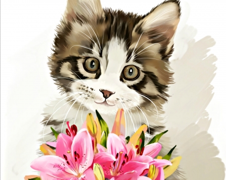 Lily - lorri kajenna, flower, pink, lily, cat, fantasy, white, kitten, art