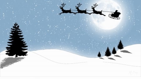 Christmas Eve So Simple - sky, trees, mountains, christmas, ntains, santa, reindeer, sleigh, full moon, feliz navidad