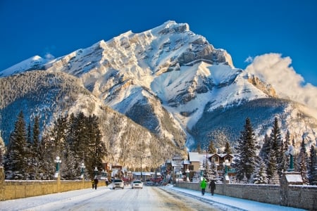 Banff Avenue in Winter - alberta, street, people, mountain, snow, canada