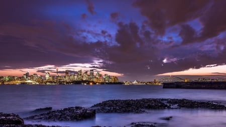 night in sydney harbor - night, harbor, city, shore, bridge, lights