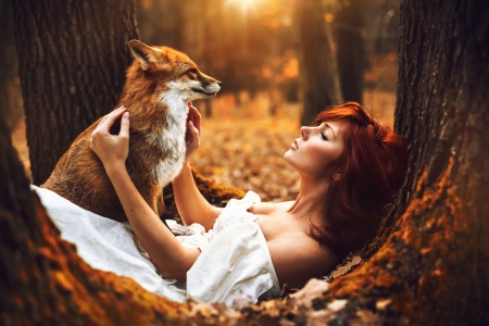 Redhead and fox - fox, woman, redhead, girl, animal, orange, model