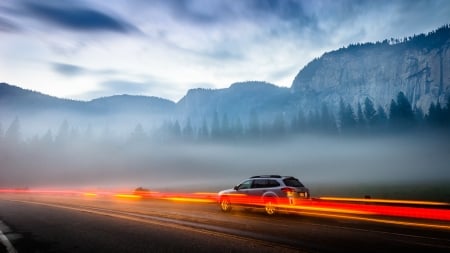 fog and lights in yosemite valley - forest, mountains, lights, car, valley, fog