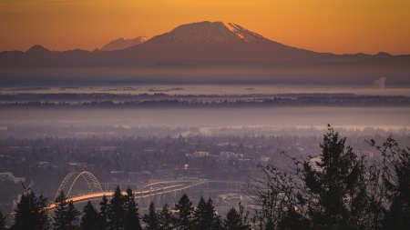 mount hood over portland in morning mist - morning, mountain, panorama, city, bridge, mist