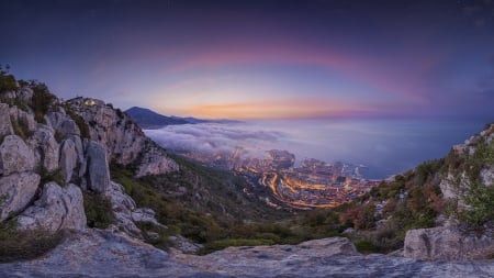 mountainview of monaco on morning fog - fog, view, sea, city, morning, mountain, rocks