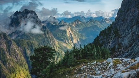 clouds over the majestic cascades - mountains, peaks, rocks, forests, clouds