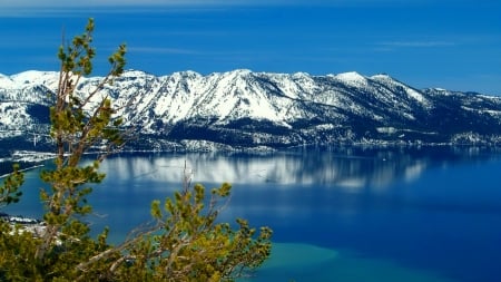 Snowy mountain - winter, beautiful, snow, tranquil, reflection, mountain, tree, shore, serenity, lake, sky