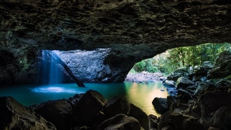 natural pool in a cave - cave, skylight, falls, forest, rocks