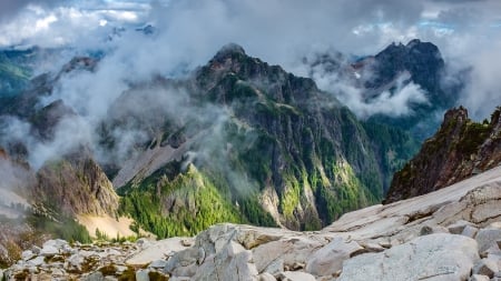 mountain peaks in morning clouds - mountains, peaks, rocks, clouds, trees