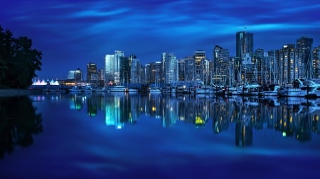 vancouver marina mirrored - boats, marina, harbor, city, night, reflection