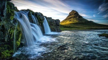 Waterfall - nature, waterfall, flower, beautiful