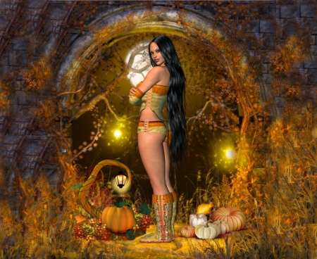 Fantasy Indian Maiden - female, pumpkins, maiden, Long dark hair, Pretty, fantasy, native indian, autumn, lights, digiral, Thanksgiving