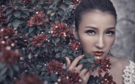 Bride - woman, girl, bride, asian, model, white, face, red, flower