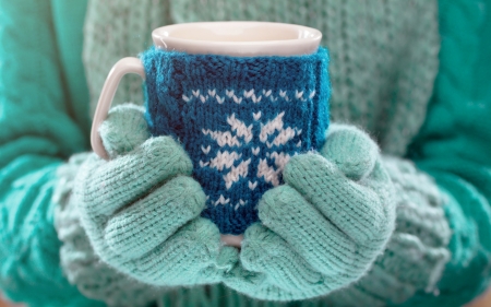 For you! - craciun, winter, gloves, christmas, cup, white, blue, hand, green