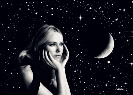 Naomi Watts - moon, actress, stars, naomi watts, bw, black, white, by cehenot, luna