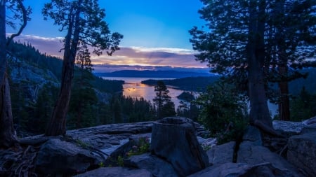 lake in the sierra nevada mountains at sunset hdr - forests, sunset, hdr, lake, mountains, rocks