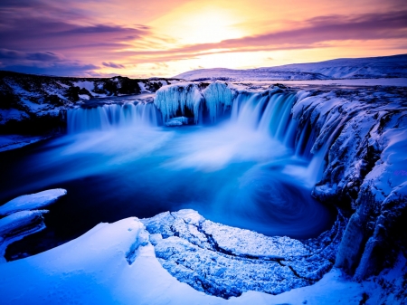 Gorgeous Waterfall - waterfall, winter, nature, sunset