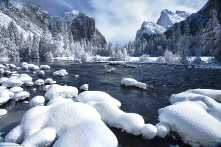 Yosemite Valley in Winter - ice, sky, trees, snow, river, clouds, mountains