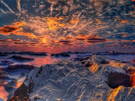 Glowing Sunset - sky, mountains, clouds, sunset, nature