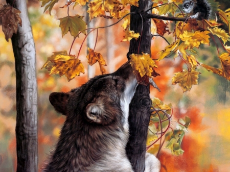 Wolves in the Forest - forest, wolves, animal, squirrel, trees, autumn