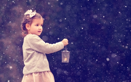 Little girl - fetita, winter, blue, snow, girl, pink, copil, child, lantern, purple, snowing, cute, little