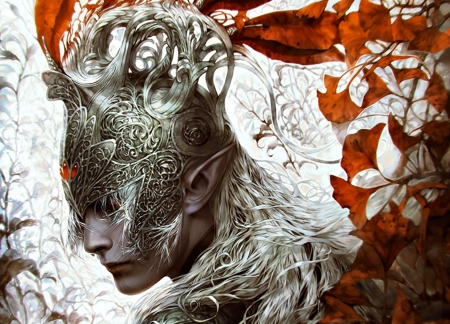 Elven prince - autumn leaf, orange, man, tincek-marincek, elven prince, armor, fantasy, white, art