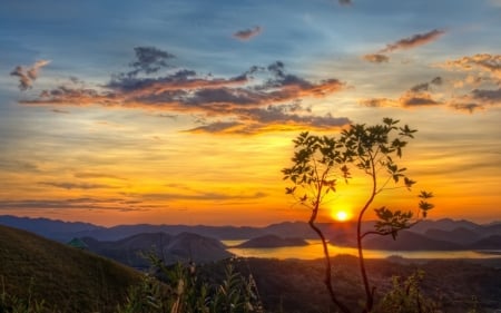 Mountain Sunset - mountain, trees, clouds, sun