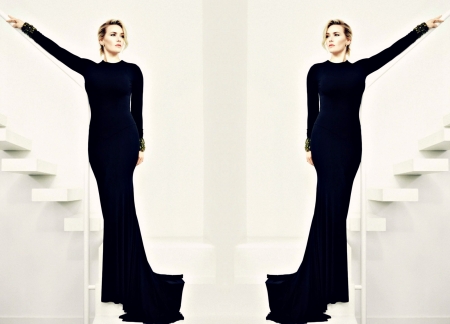 Kate Winslet - by cehenot, collage, dress, girl, actress, black, stairs, white, Kate Winslet, woman