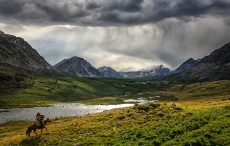 Dark Clouds - cloud, mountains, black, river