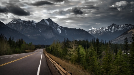 highway to canadian rockies hdr - clouds, highway, rail, hdr, forest, mountains