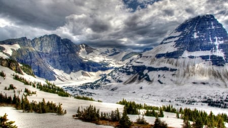 mountains in winter - mountains, peaks, winter, clouds, valley, trees