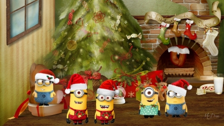 Christmas Miniions by MaDonna - Despicable Me, decorated, miniions, fireplace, movie, Christmas, tree, Feliz Navidad