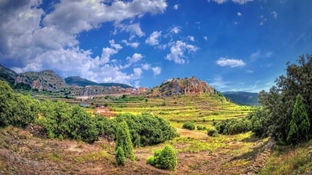 castellon de la plana on a cliff in spain hdr - cliff, sky, town, hills, trees, hdr