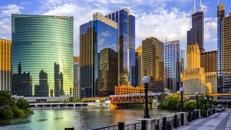 reflections of glass skyscrapers in chicago - reflections, glass, river, city, bridge, skyscrapers