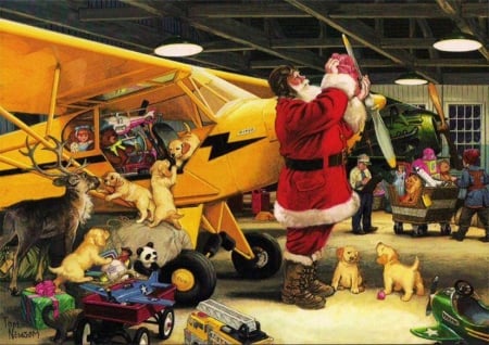 Pilot Santa - airplane, dogs, puppies, artwork, christmas