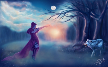 Red Riding Hood - moon, wolf, girl, trees, forest, artwork, sun