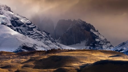 golden hour - fog, snow, golden, mountains, foothills