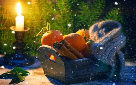 Merry Christmas - snow, candle, Christmas, fruits